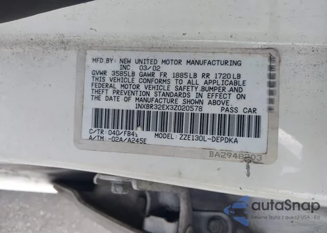 2003 Toyota Corolla Ce z USA, uszkodzony, nr VIN 1NXBR32EX3Z020578